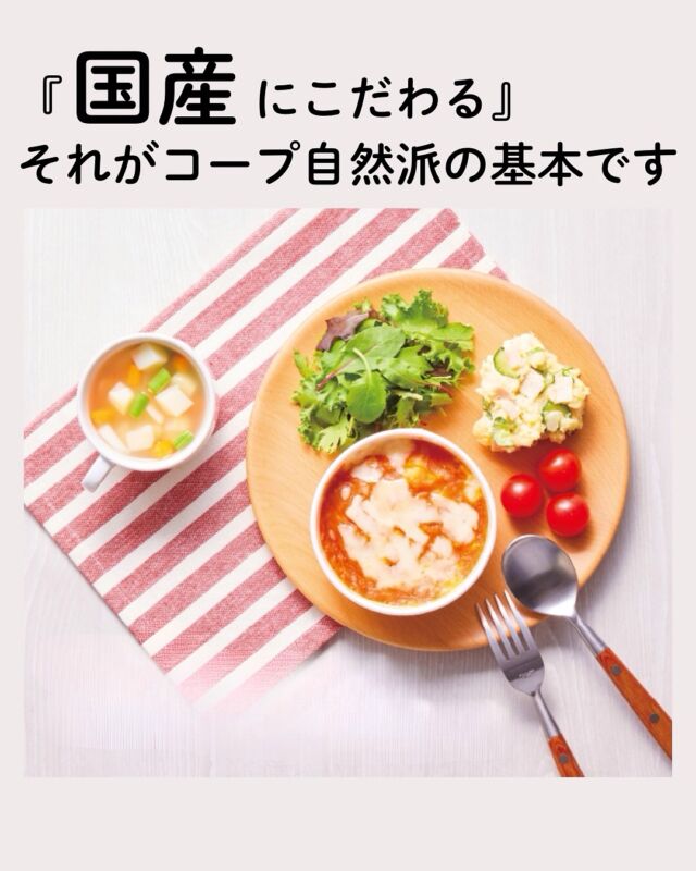 『国産にこだわる』

日本の食料自給率（カロリーベース）は
現在38％でほぼ輸入に頼っています。

生産者が作りたいものをつくり、
消費者が食べたいものを食べる

という当たり前の権利を守るためにも、
コープ自然派は日本の農業を守り、
食料自給率を向上させたいと考えています。

国産品を選んで食べることが
生産者さんへの応援にもなります。

#食料自給率 #国産にこだわる #自然派Style #コープ自然派奈良