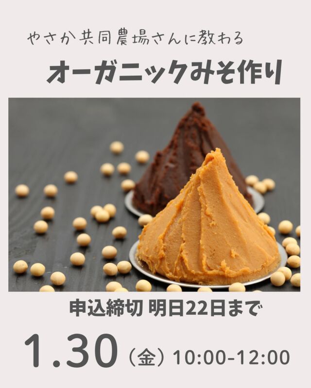申込受付は明日までの限定4日間！

みそ作りの季節がやってきました。

やさかさんの有機煮大豆・有機糀・塩のセットを使って教わりながら作るので、初めての方も大丈夫！手作りみそを日々の食卓に取り入れましょう。

ご希望のセットを以下から選び、お申し込み時にお伝えください。（出来上がり約2kg）
①有機白米糀セット　3,618円（税込）
②有機玄米糀セット　3,704円（税込）
③有機麦糀セット 3,542円（税込）
※みそ容器（250円/プラスチック製）が必要な方は申込時にお知らせください。
材料費は後日請求書にて請求。カタログ掲載と同額。
1/22までにキャンセルの連絡がない場合は材料費をいただきます。（後日配送で商品お届け）

■日 時：1月30日（金）10:00～12:00　
■会 場：コープ自然派奈良２F活動室　
　　　　（磯城郡田原本町西竹田33-1）
■講 師：やさか共同農場　橋本基さん
■参加費：（組合員）　大人200円（材料費は別途かかります/後日請求書にて請求）　子ども50円
　　　　　（一　般）　大人400円（材料費は別途かかります/当日お支払い）　子ども50円
■定員 ：15名　
■主催：理事会（学習ミーティング）　　
■イベントＩＤ ：①16250646　②16250647　③16250648
■託　児：あり（1人500円）。1才未満・子どもの同伴：可 　　
■持ち物：エプロン、三角巾、ふきん2枚、筆記用具、直径３０センチ以上の大きいボウルか鍋、味噌を入れる容器（ない方は申し込み時に容器注文お願いします）
■申込開始日：1/19（月）12:00より先着順
　　　　　　※メールは同日午前0:00より
■申込〆切：1/22（木）
　　　　　　 ※定員に達し次第、受付終了

＊申込期間は明日までの4日間先着順です。
＊24時間受付の申込フォームは材料によってフォームが違いますので、お間違えありませんように。

＊＊＊＊＊＊

@coopshizenhanara では、季節の定番や最近話題のものまで様々なイベントを企画・開催しています。
コープ自然派組合員はもちろん、組合員以外の方もご参加いただけます。
その他のイベントはハイライト からご覧ください。
たくさんのご参加お待ちしております✨

#やさか共同農場  #みそ作り #オーガニック #コープ自然派奈良