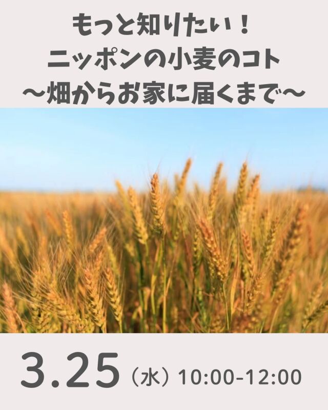 もっと知りたい！小麦のこと

コープ自然派は「国産派宣言」を掲げ、日本の農業を守り、食料自給率の向上を掲げています。小麦に関しても、国産小麦・国産有機小麦での商品開発をすすめていますが、日本全体では小麦の自給率は15%程度にとどまっています。国内で、小麦がどんなふうに育てられ、どんなふうに製粉されて、商品となって手元に届くのか。その上流から下流までの流れを改めて学んでみませんか。国産小麦を支えるために、まずは知ることから。

■日 時：3月25日（水）10：00～12：00
■会 場：オンライン（アーカイブあり）
■講 師：ＪＡこしみず、横山製粉、岡上食品
■参加費：無料（組合員、一般共）　　
■定　員：なし　
■イベントID：16250700
■申込〆切：3月18日（水）
■主催：コープ自然派連合商品委員会　

＊＊＊＊＊＊

@coopshizenhanara では、季節の定番や最近話題のものまで様々なイベントを企画・開催しています。
コープ自然派組合員はもちろん、組合員以外の方もご参加いただけます。
その他のイベントはハイライト からご覧ください。
たくさんのご参加お待ちしております✨

#国産派宣言  #国産小麦 #食料自給率 #コープ自然派奈良